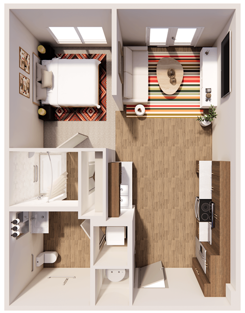 Floor plan for 1 bed, 1 bath, 627 sqft